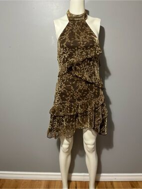 PrettyLittleThing Gold Floral Halter Ruffle Mini Dress